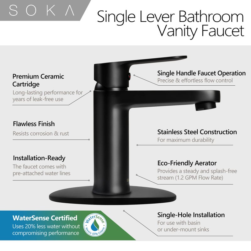 SOKA Brass Bathroom Faucet Matte Black with Pop-up Sink Drain Stopper & Deck Plate - 1 or 3 Hole Single Handle RV Faucet - Image 4